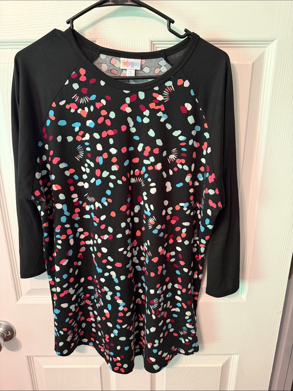 LuLaRoe Top with Pink, Blue & White Dot Print